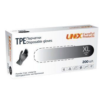 Перчатки хлор-полиэтилен XL (9-10) 200шт черные неопудренные Unex TPE 001830 фото
