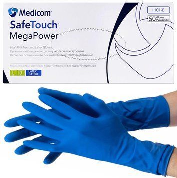 Перчатки латексные повышенной прочности Medicom Mega Power High Risk, плотность 13 г. - синие (50 шт) L (8-9) 000576 фото